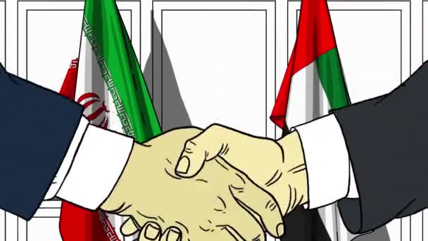 商人或政界人士与伊朗和阿联酋的国旗握手。正式会议或合作相关卡通动画 — 图库视频影像