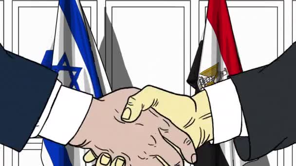 Businessmen or politicians shake hands against flags of Israel and Egypt. Official meeting or cooperation related cartoon animation — Stock Video