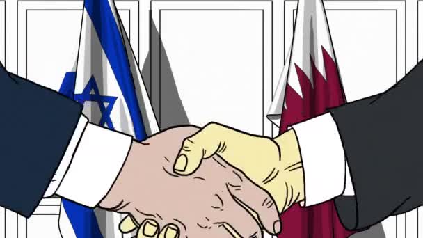 Бизнесмены или политики пожимают руку флагу Израиля и Катара. Официальная встреча или сотрудничество по анимации мультфильмов — стоковое видео