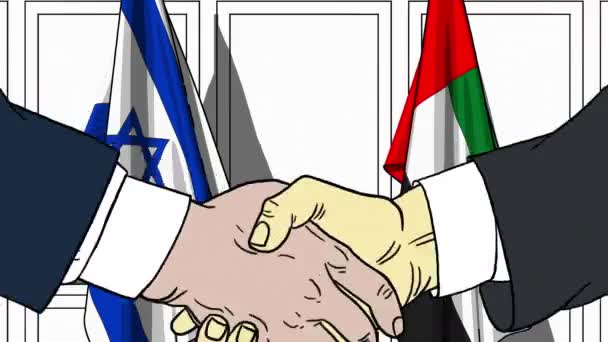 Businessmen or politicians shake hands against flags of Israel and UAE. Official meeting or cooperation related cartoon animation — Stock Video