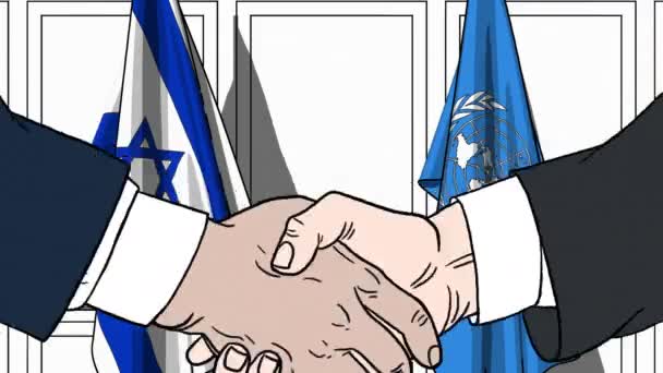 Geschäftsleute oder Politiker schütteln Hände gegen Fahnen israel und vereinter Nationen. offizielles Treffen oder kooperationsbezogene redaktionelle Animation — Stockvideo