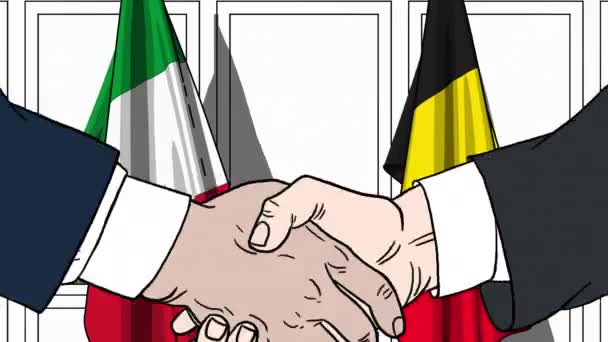 Zakenlieden of politici schudden handen tegen vlaggen van Italië en België. Officiële bijeenkomst of samenwerking gerelateerde cartoon-animatie — Stockvideo