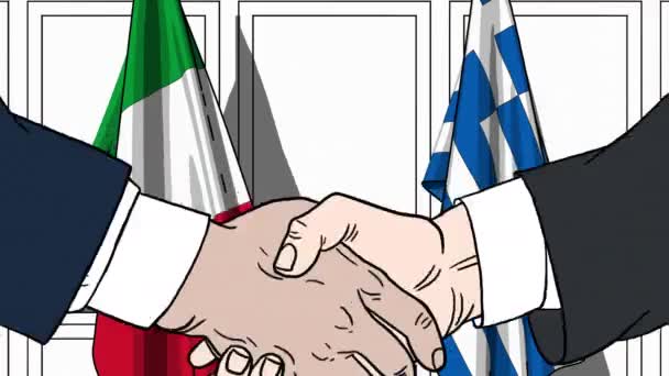 Businessmen or politicians shake hands against flags of Italy and Greece. Official meeting or cooperation related cartoon animation — Stock Video