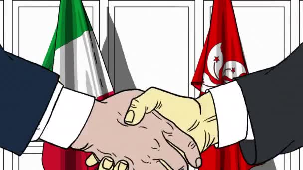 Empresarios o políticos se dan la mano contra banderas de Italia y Hong Kong. Reunión oficial o animación de dibujos animados relacionados con la cooperación — Vídeo de stock