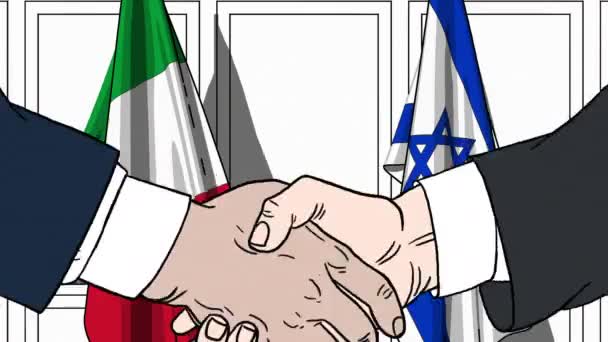Zakenlieden of politici schudden handen tegen vlaggen van Italië en Israël. Officiële bijeenkomst of samenwerking gerelateerde cartoon-animatie — Stockvideo