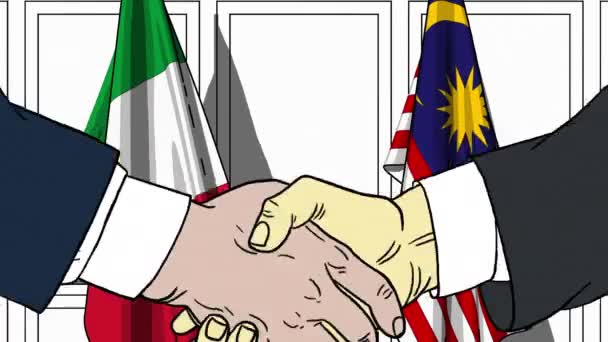 Pebisnis atau politisi berjabat tangan melawan bendera Italia dan Malaysia. Pertemuan resmi atau animasi kartun terkait kerja sama — Stok Video