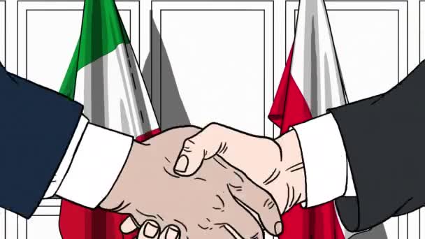 İş adamları veya politikacılar bayrakları İtalya ve Polonya karşı el sıkışın. Resmi toplantı veya işbirliği çizgi film animasyon ile ilgili — Stok video