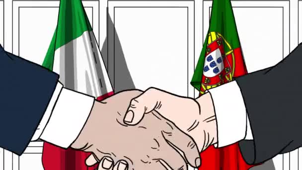 Businessmen or politicians shake hands against flags of Italy and Portugal. Official meeting or cooperation related cartoon animation — Stock Video