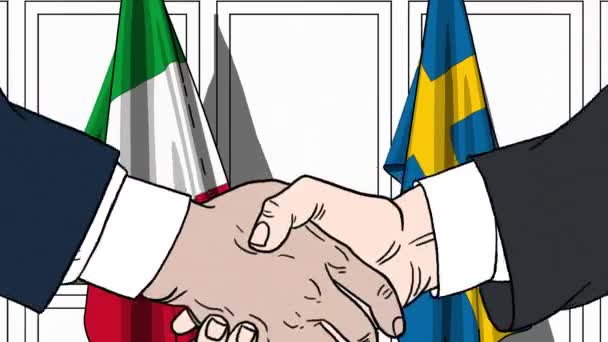 Uomini d'affari o politici stringono la mano contro le bandiere di Italia e Svezia. Riunione ufficiale o animazione animata correlata alla cooperazione — Video Stock