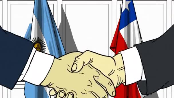 Podnikatelé či politici potřást rukou proti vlajky Argentiny a Chile. Oficiální setkání nebo spolupráci související kreslené animace — Stock video