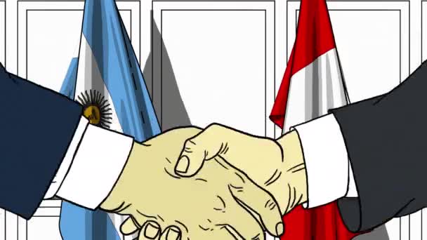 Businessmen or politicians shake hands against flags of Argentina and Peru. Official meeting or cooperation related cartoon animation — Stock Video