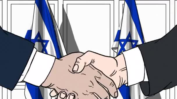 Des hommes d'affaires ou des politiciens serrent la main contre les drapeaux d'Israël. Réunion officielle ou animation de bande dessinée liée à la coopération — Video