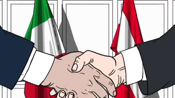 นักธุรกิจหรือนักการเมืองจับมือกับธงชาติอิตาลีและออสเตรีย การประชุมอย่างเป็นทางการหรือการร่วมมือที่เกี่ยวข้องกับการ์ตูนแอนิเมชั่น — วีดีโอสต็อก