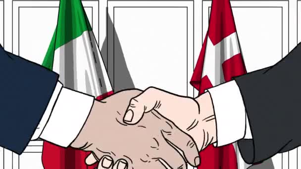 İş adamları veya politikacılar bayrakları İtalya ve Danimarka karşı el sıkışın. Resmi toplantı veya işbirliği çizgi film animasyon ile ilgili — Stok video