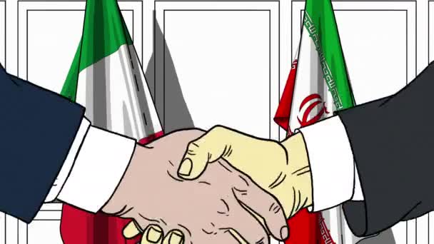 Des hommes d'affaires ou des politiciens serrent la main contre les drapeaux d'Italie et d'Iran. Réunion officielle ou animation de bande dessinée liée à la coopération — Video