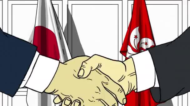 Empresarios o políticos se dan la mano contra las banderas de Japón y Hong Kong. Reunión oficial o animación de dibujos animados relacionados con la cooperación — Vídeos de Stock