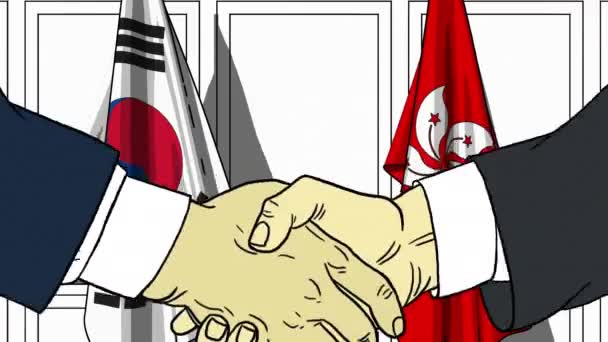 Podnikatelé či politici potřást rukou proti příznaky Korea a Hong Kong. Oficiální setkání nebo spolupráci související kreslené animace — Stock video