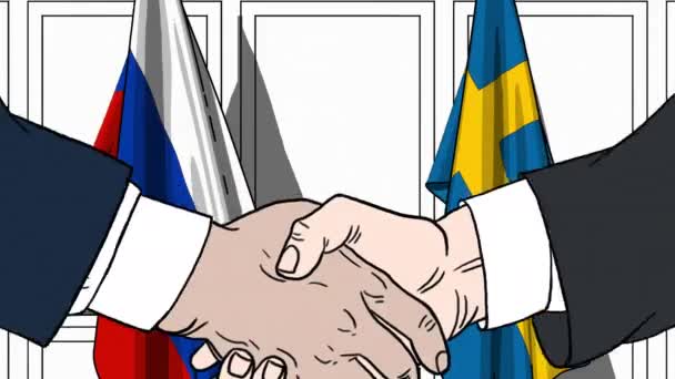 Uomini d'affari o politici stringono la mano contro le bandiere di Russia e Svezia. Riunione ufficiale o animazione animata correlata alla cooperazione — Video Stock