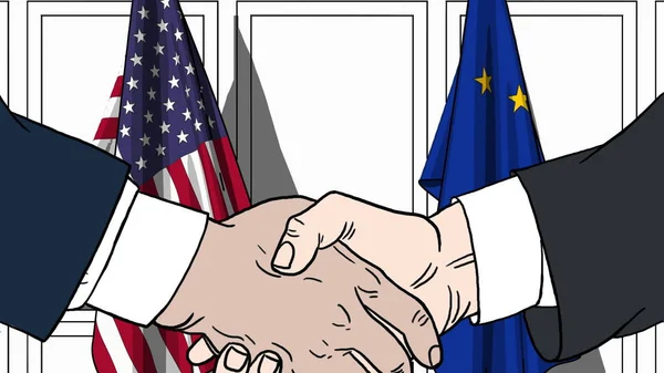Businessmen or politicians shaking hands against flags of USA and EU. Meeting or cooperation related cartoon illustration — Stock Photo, Image