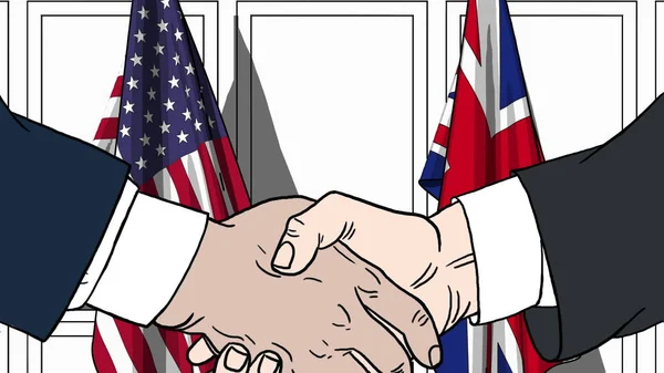 Geschäftsleute oder Politiker schütteln Hände gegen Flaggen der USA und Großbritanniens. Treffen oder Zusammenarbeit im Zusammenhang mit Cartoon Illustration — Stockfoto