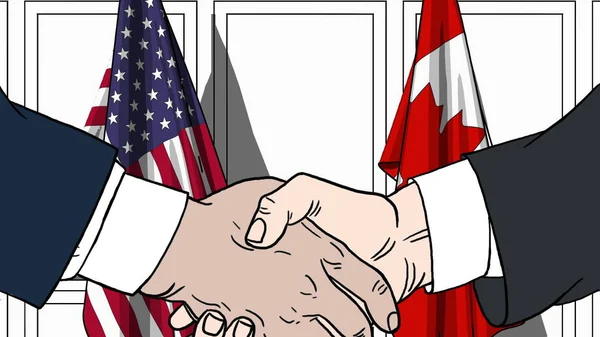 Des hommes d'affaires ou des politiciens serrant la main contre les drapeaux des États-Unis et du Canada. Illustration de dessin animé liée à une réunion ou coopération — Photo