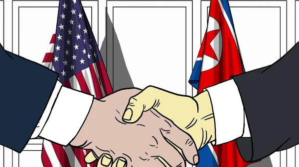 Biznesmenów i polityków uścisnąć dłoń przed flagi Usa i Korea Północna. Oficjalne spotkanie lub współpracy z ilustracja kreskówka — Zdjęcie stockowe