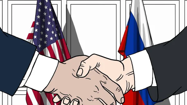 Uomini d'affari o politici stringono la mano contro le bandiere degli Stati Uniti e della Russia. Illustrazione dei cartoni animati relativi alla riunione o alla cooperazione — Foto Stock