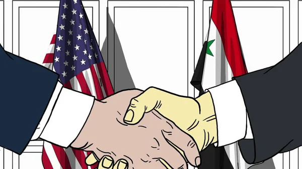 Zakenlieden of politici schudden handen tegen de vlaggen van de VS en Syrië. Officiële bijeenkomst of samenwerking gerelateerde cartoon afbeelding — Stockfoto