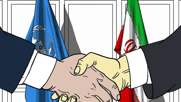 Empresarios o políticos se dan la mano contra las banderas de las Naciones Unidas e Irán. Reunión oficial o cooperación relacionada con la ilustración editorial — Foto de Stock