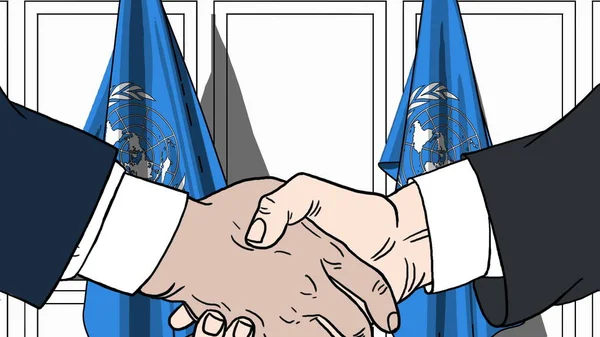 Affärsmän eller politiker skakar hand mot flaggor av FN. Officiellt möte eller samarbetet relaterat redaktionell illustration — Stockfoto