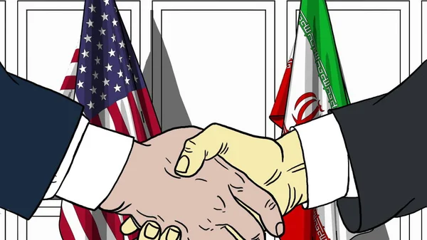 Підприємці або політиків потиснути один одному руки проти прапори США та Іран. Офіційна зустріч або співпраці пов'язані з мультфільму ілюстрація — стокове фото