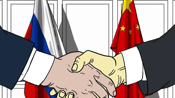 Empresários ou políticos apertando as mãos contra bandeiras da Rússia e da China. ilustração cartoon relacionados com reuniões ou cooperação — Fotografia de Stock