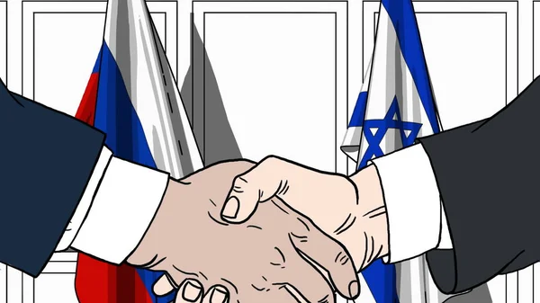Des hommes d'affaires ou des politiciens serrent la main contre les drapeaux de la Russie et d'Israël. Réunion officielle ou illustration de bande dessinée liée à la coopération — Photo