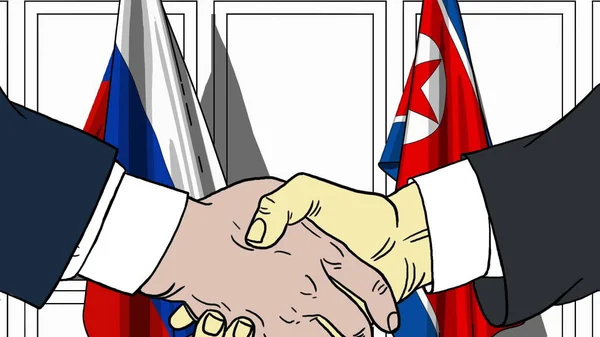 ビジネスマンや政治家は、ロシアと北朝鮮の国旗に対して手を振る。公式会議や協力関連漫画イラスト — ストック写真