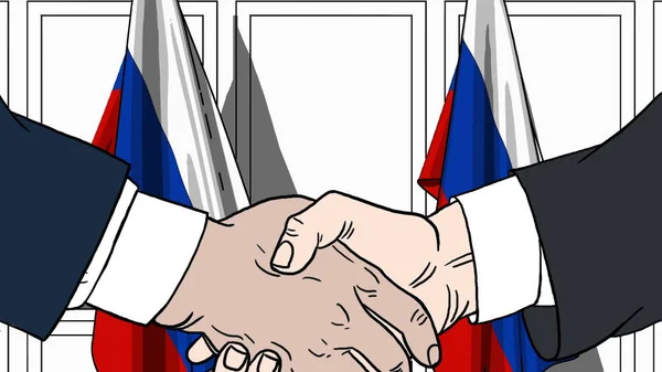 Businessmen or politicians shaking hands against flags of Russia. Meeting or cooperation related cartoon illustration — Stock Photo, Image