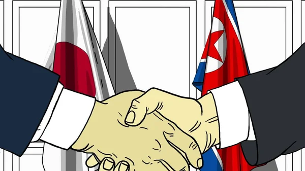 Geschäftsleute oder Politiker schütteln Hände gegen Fahnen Japans und Nordkoreas. offizielles Treffen oder Zusammenarbeit im Zusammenhang mit Cartoon Illustration — Stockfoto