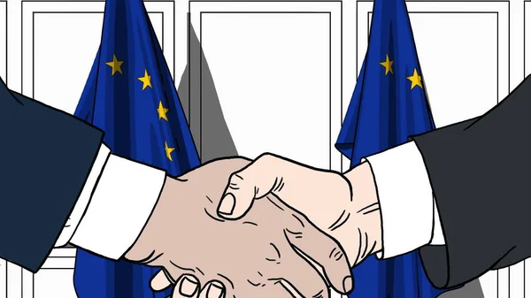 Businessmen or politicians shaking hands against flags of EU. Meeting or cooperation related cartoon illustration — Stock Photo, Image