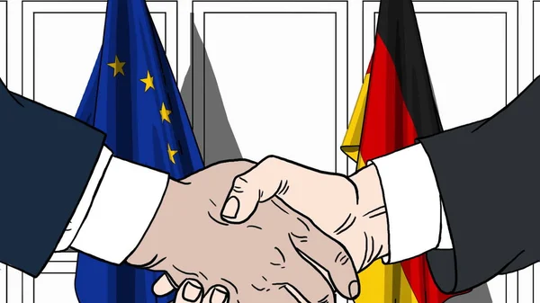 Zakenlieden of politici schudden handen tegen de vlaggen van de Eu en Duitsland. Vergadering of samenwerking gerelateerde cartoon afbeelding — Stockfoto