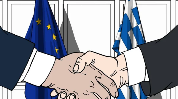Zakenlieden of politici schudden handen tegen de vlaggen van de Europese Unie Eu en Griekenland. Officiële bijeenkomst of samenwerking gerelateerde cartoon afbeelding — Stockfoto