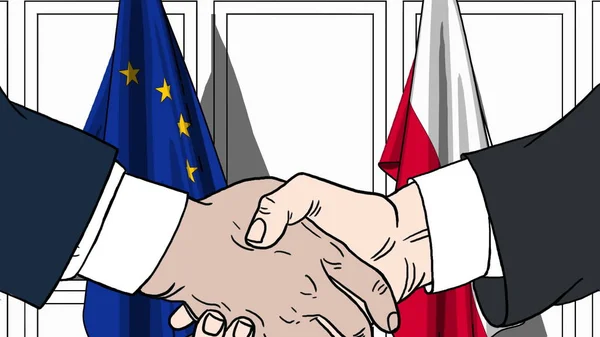 Geschäftsleute oder Politiker schütteln Hände gegen Fahnen der Europäischen Union und Polens. offizielles Treffen oder Zusammenarbeit im Zusammenhang mit Cartoon Illustration — Stockfoto