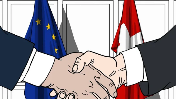 Des hommes d'affaires ou des politiciens serrent la main contre les drapeaux de l'UE et de la Suisse. Illustration de dessin animé liée à une réunion ou coopération — Photo