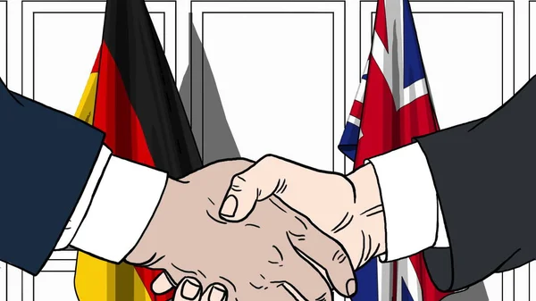 Affärsmän eller politiker skakar hand mot flaggor av Tyskland och Storbritannien. Möte eller samarbete med tecknad illustration — Stockfoto