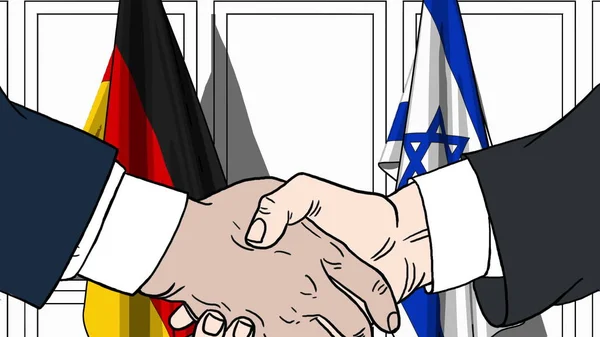 ビジネスマンや政治家は、ドイツとイスラエルの国旗に対して手を振る。公式会議や協力関連漫画イラスト — ストック写真