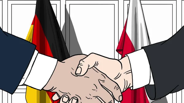 Geschäftsleute oder Politiker schütteln Hände gegen Deutschland- und Polen-Fahnen. offizielles Treffen oder Zusammenarbeit im Zusammenhang mit Cartoon Illustration — Stockfoto