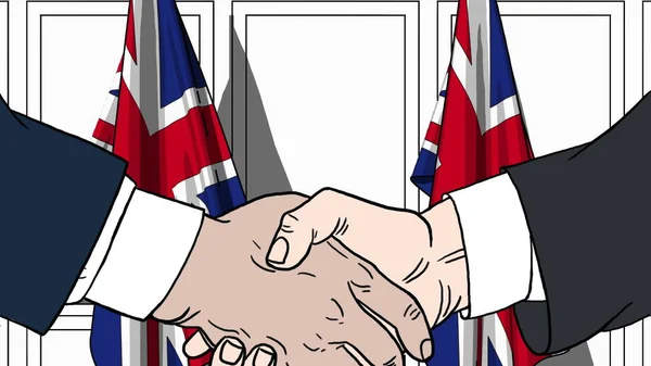 Affärsmän eller politiker skakar hand mot flaggor av Storbritannien. Möte eller samarbete med tecknad illustration — Stockfoto