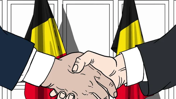 Zakenlieden of politici schudden handen tegen vlaggen van België. Officiële bijeenkomst of samenwerking gerelateerde cartoon afbeelding — Stockfoto