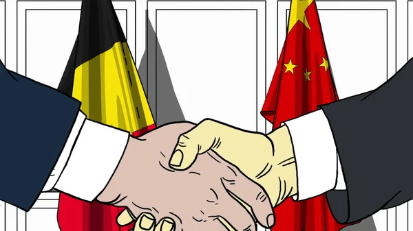 Empresários ou políticos apertam as mãos contra bandeiras da Bélgica e da China. Reunião oficial ou ilustração de desenhos animados relacionados com a cooperação — Fotografia de Stock