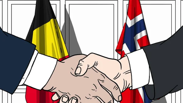 Підприємці або політиків потиснути один одному руки проти прапори Бельгії та Норвегії. Офіційна зустріч або співпраці пов'язані з мультфільму ілюстрація — стокове фото