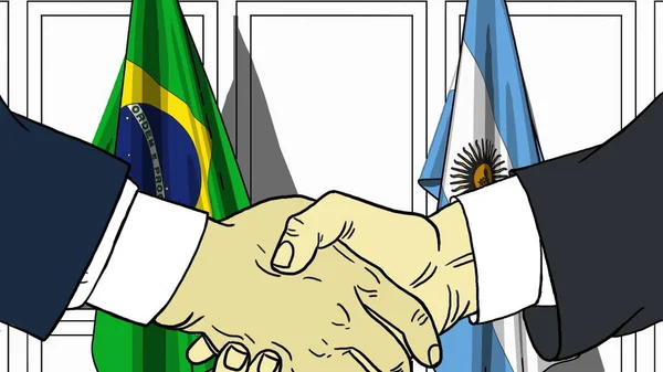 Üzletemberek és politikusok kezet, Brazília és Argentína ellen. Hivatalos találkozó és együttműködési kapcsolódó rajzfilm illusztráció — Stock Fotó