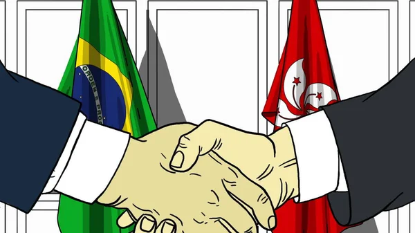 ビジネスマンや政治家は、ブラジルと香港の国旗に対して手を振る。公式会議や協力関連漫画イラスト — ストック写真